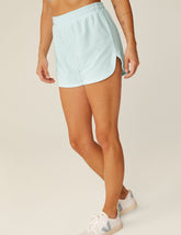 blue terry fabric shorts.